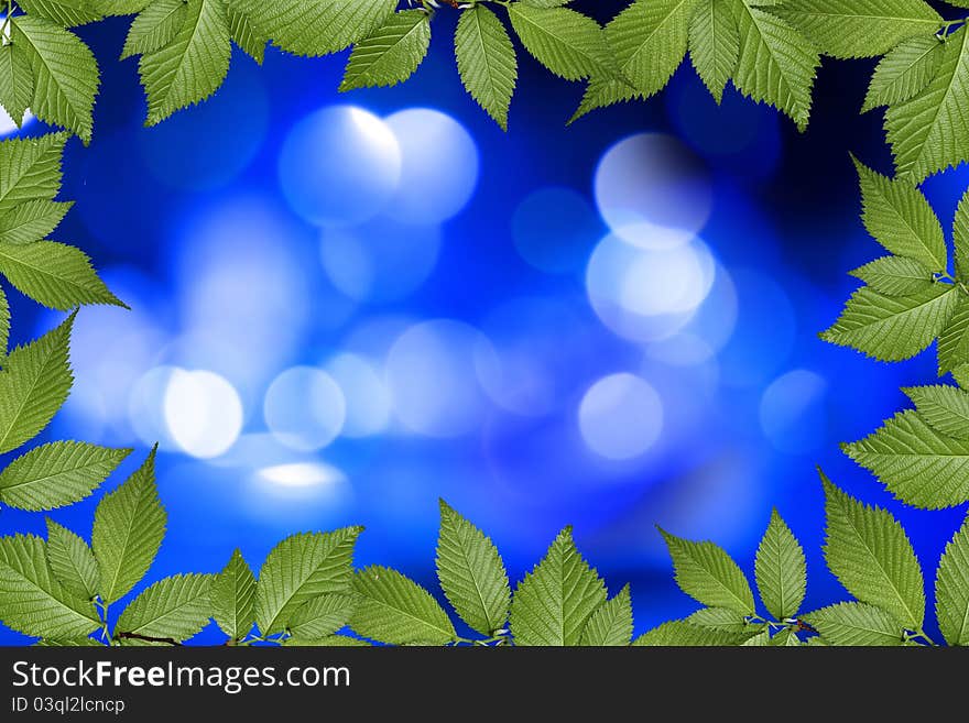 Blue abstract background with green plant frame