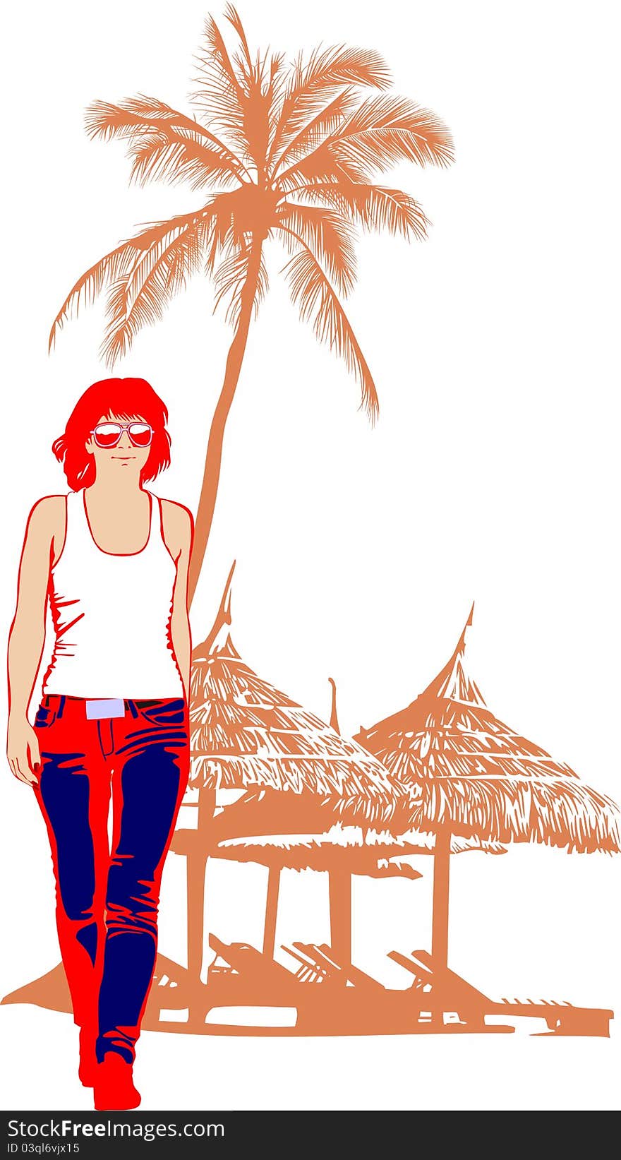 Girl going on background of palm trees and bungalows. Girl going on background of palm trees and bungalows