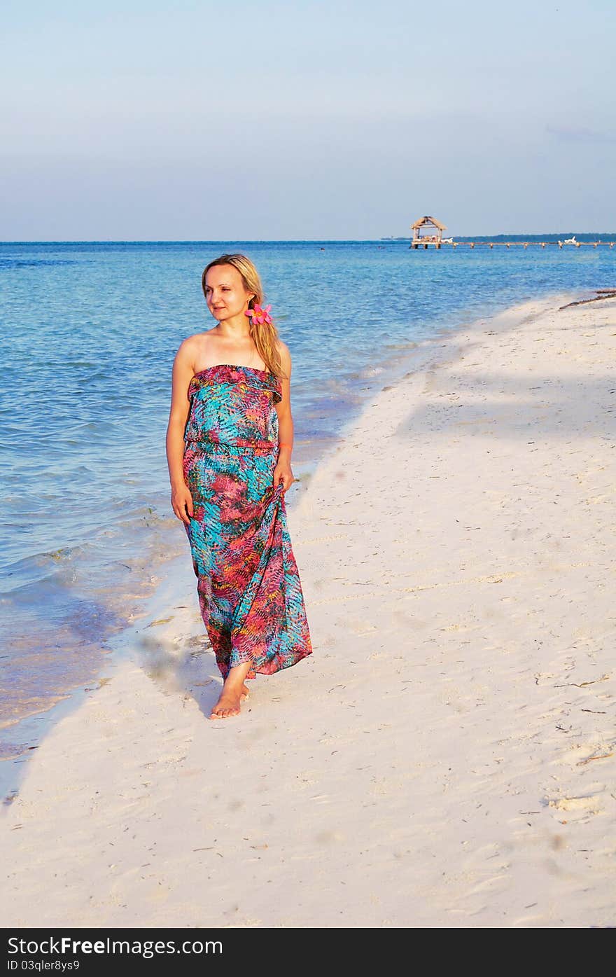 A young woman is walking along the beach of the ocean. A young woman is walking along the beach of the ocean