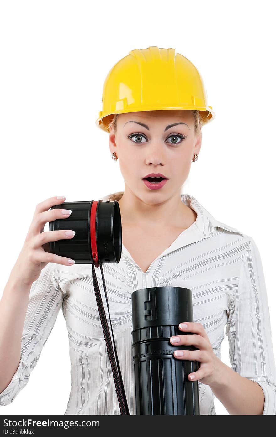 Portrait of attractive architect girl with hard hat - isolated on white background