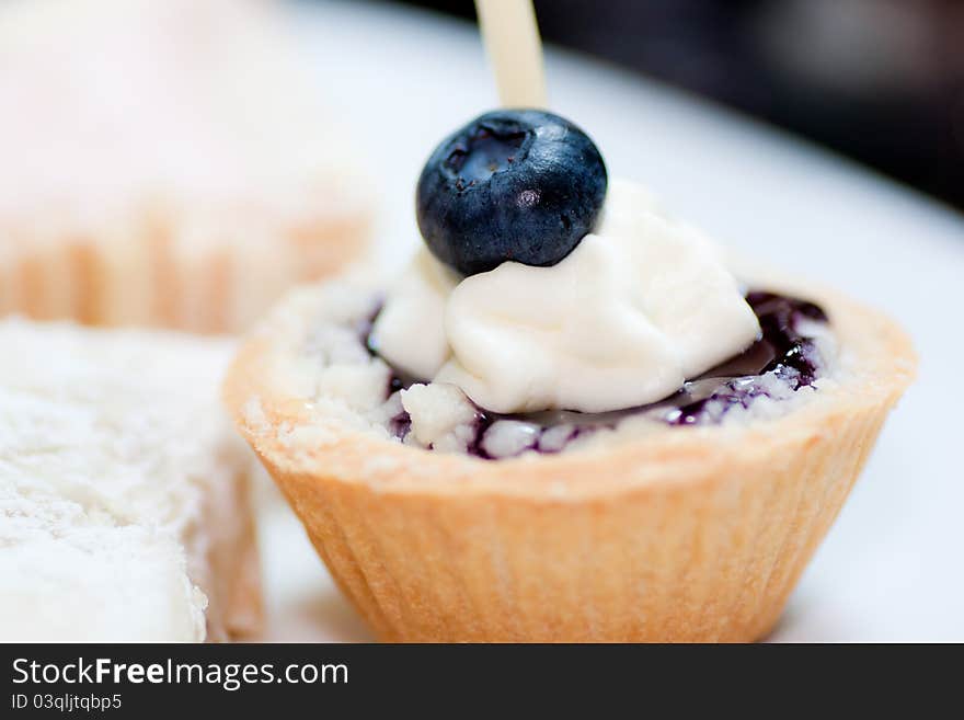 Piece of blueberry cheese cake on white dish