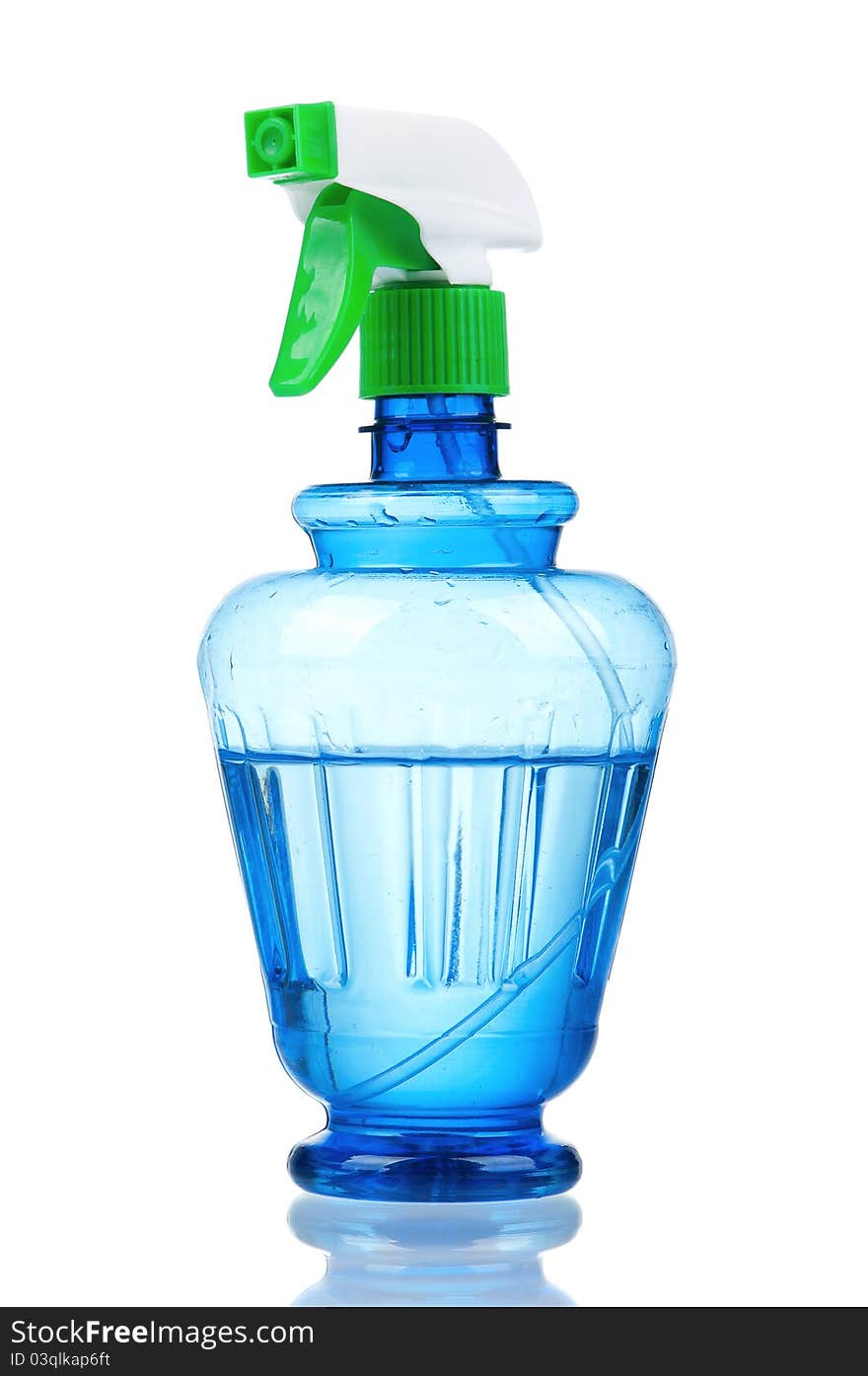 Blue plastic spray bottle on isolated background. Blue plastic spray bottle on isolated background