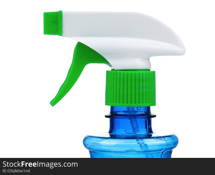 Blue plastic spray bottle on isolated background. Blue plastic spray bottle on isolated background