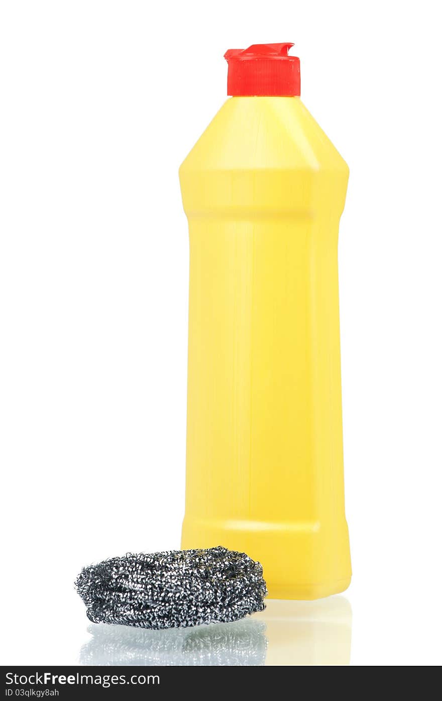 Plastic bottle of cleaning products with metal sponge isolated on white background. Plastic bottle of cleaning products with metal sponge isolated on white background