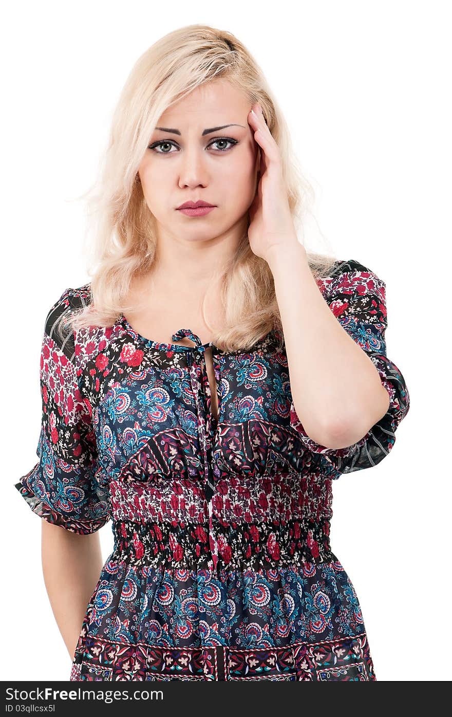 Portrait of a beautiful young woman suffering from severe headache - isolated on white background. Portrait of a beautiful young woman suffering from severe headache - isolated on white background