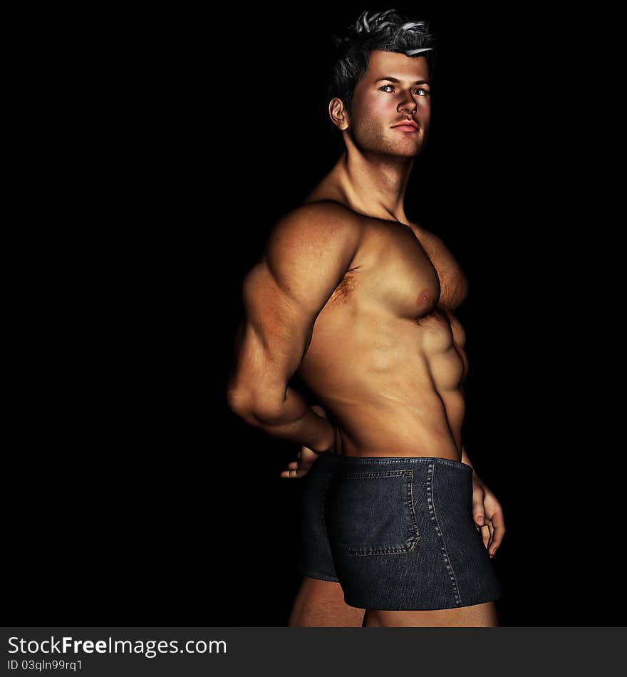 Strong male fitness buff in an artistic pose with a dark background. Strong male fitness buff in an artistic pose with a dark background