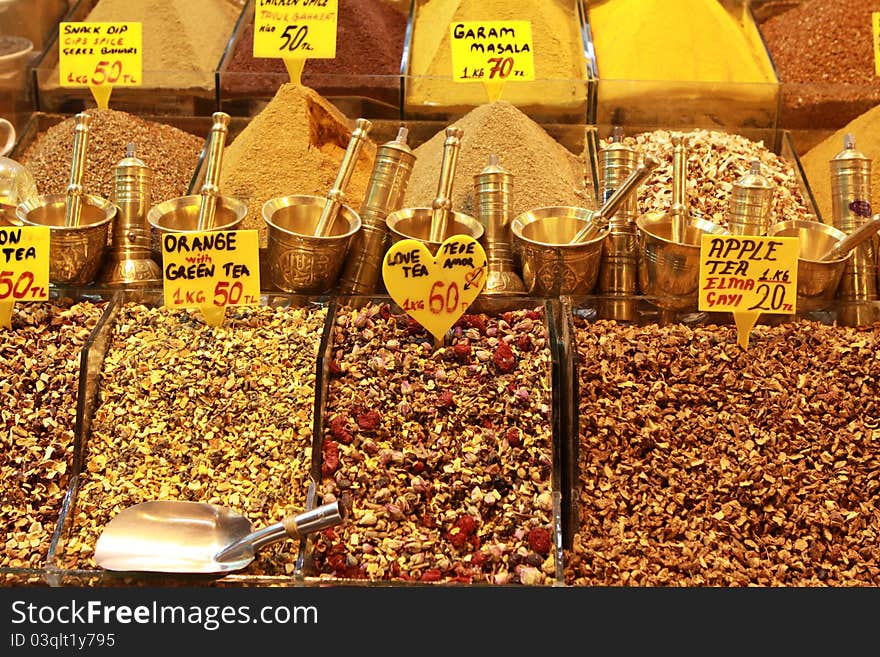 A view of spice and herbal tea in the Spice Bazaar. A view of spice and herbal tea in the Spice Bazaar.