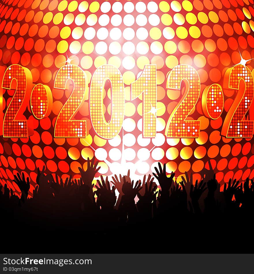 Sparkling disco ball with crowd partying on a glowing background. Sparkling disco ball with crowd partying on a glowing background