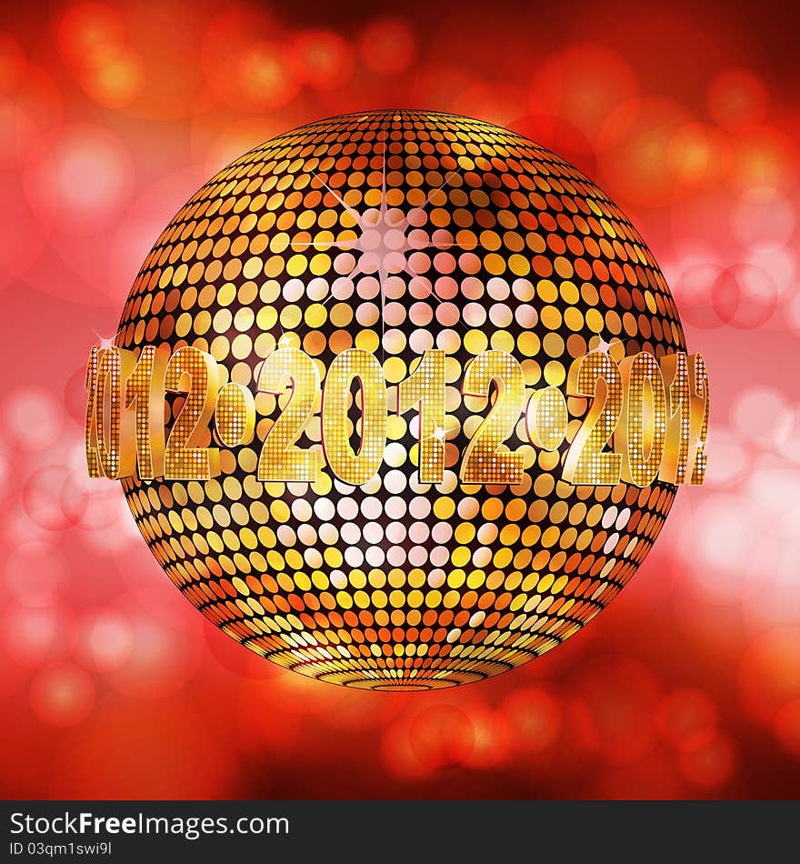 Sparkling gold 2012 disco ball on a glowing red background. Sparkling gold 2012 disco ball on a glowing red background