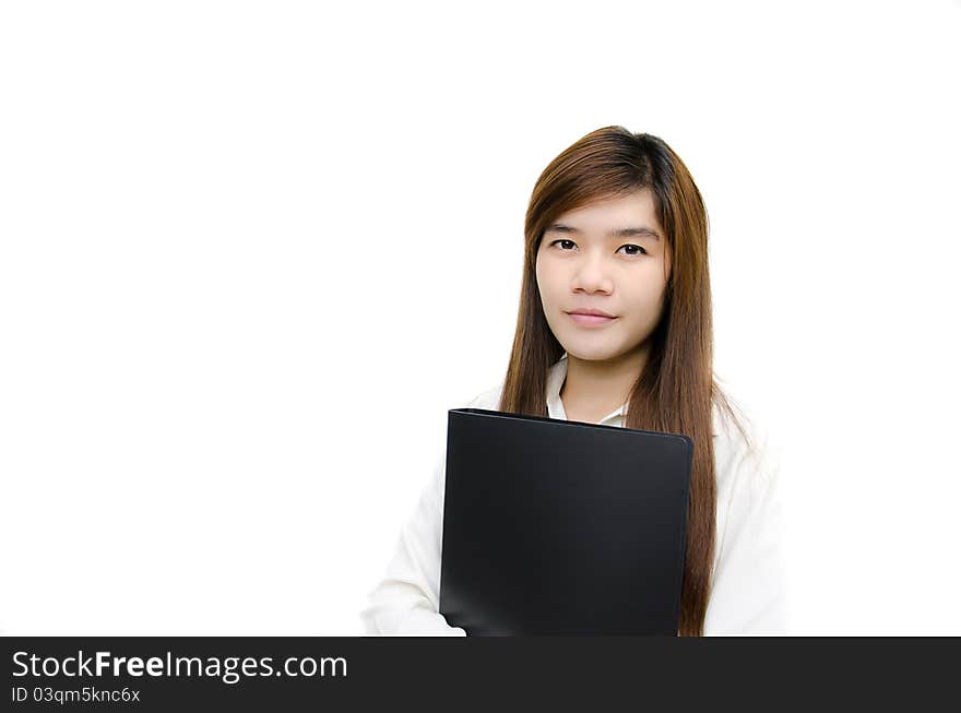 Portrait of young woman business have report on hand isolated on white background