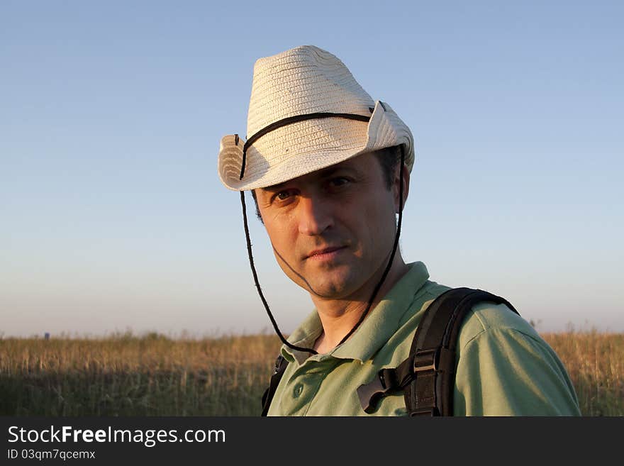 Close up portrait of a man in field