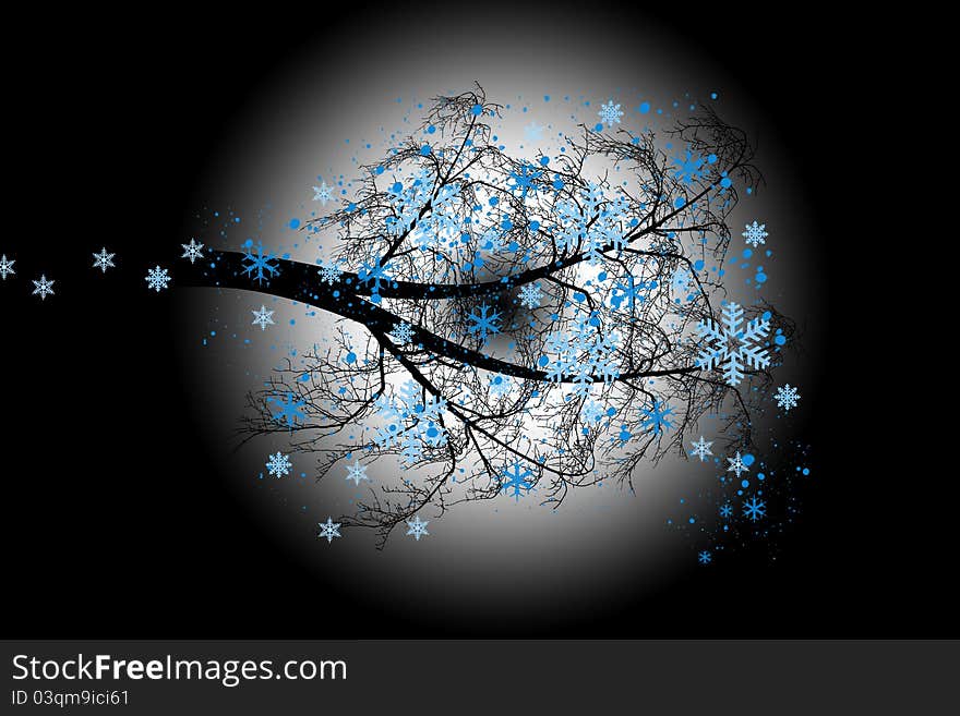 Winter tree with snowflakes isolated on black background