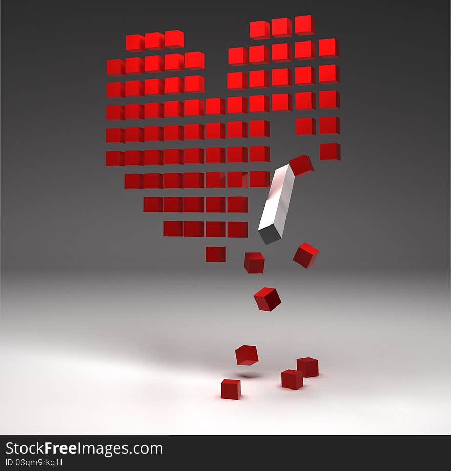 3D rendered broken heart composed from red cubes