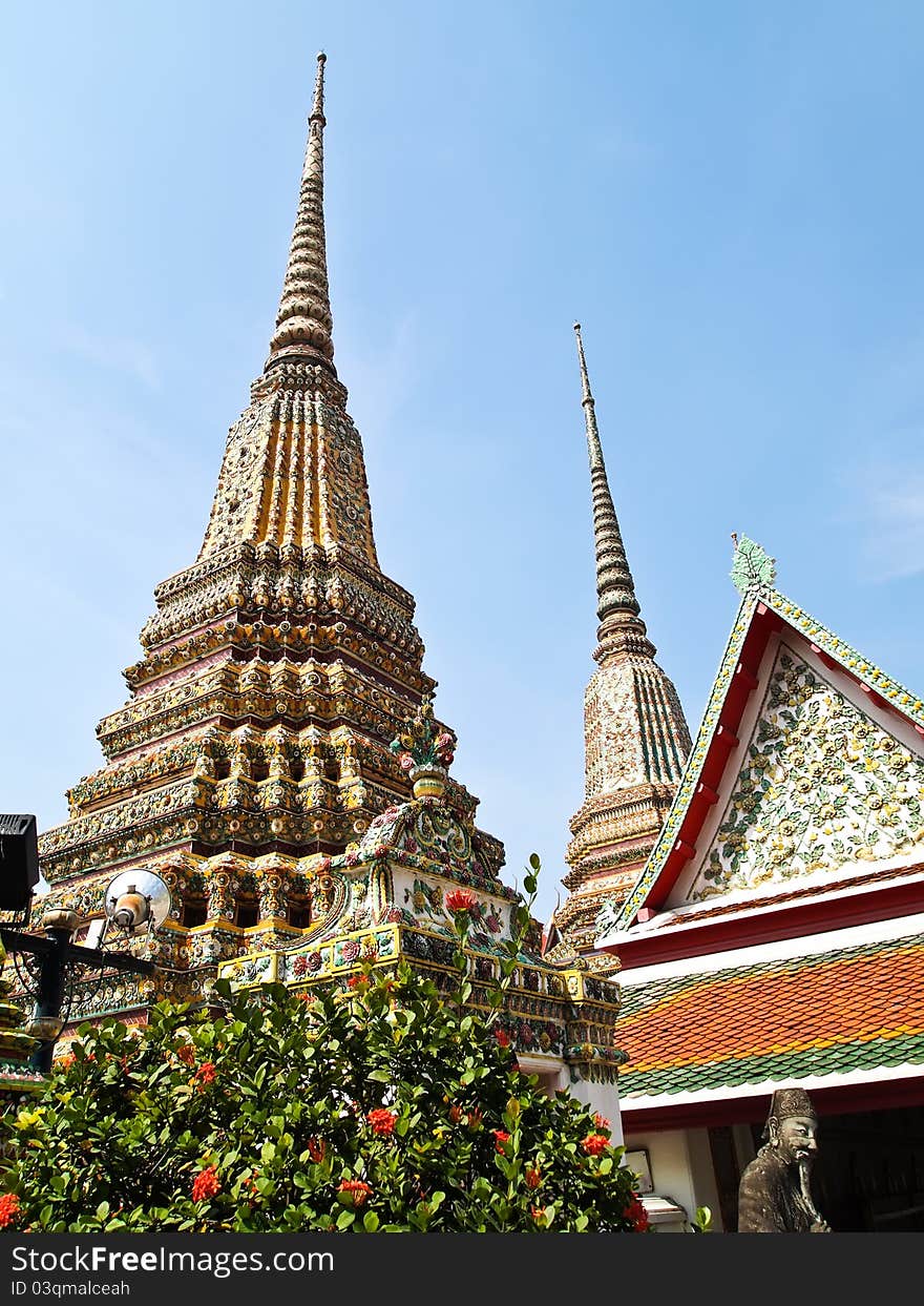 Ancient pagoda at Wat Phra Chetuphon Vimolmangklararm , Wat Pho, the oldest historical sites in Bangkok , Thailand and that Thailand's tourism. Ancient pagoda at Wat Phra Chetuphon Vimolmangklararm , Wat Pho, the oldest historical sites in Bangkok , Thailand and that Thailand's tourism