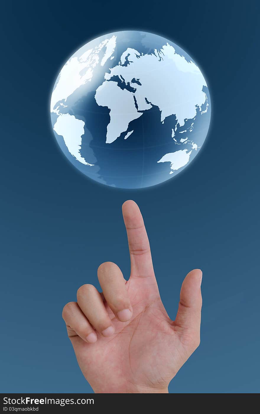 Hand pointing earth globe.