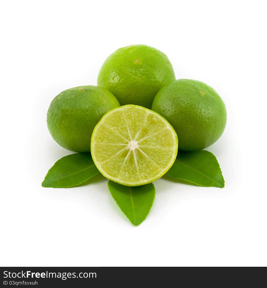 Green lime and leaf on white background