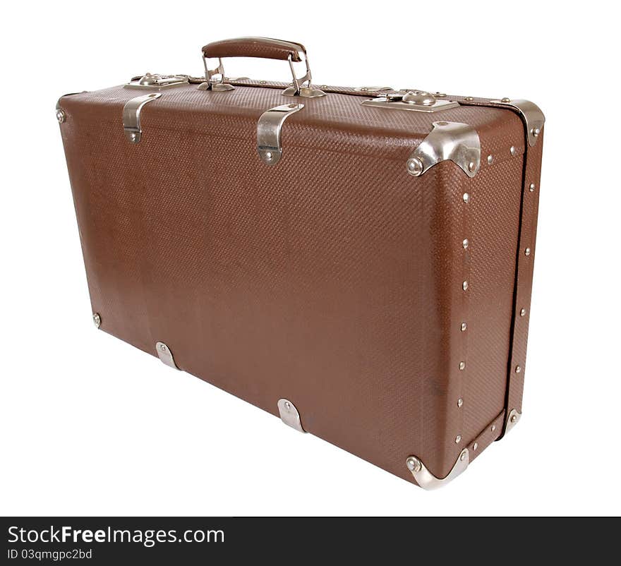 Color photo of an old suitcase on white background