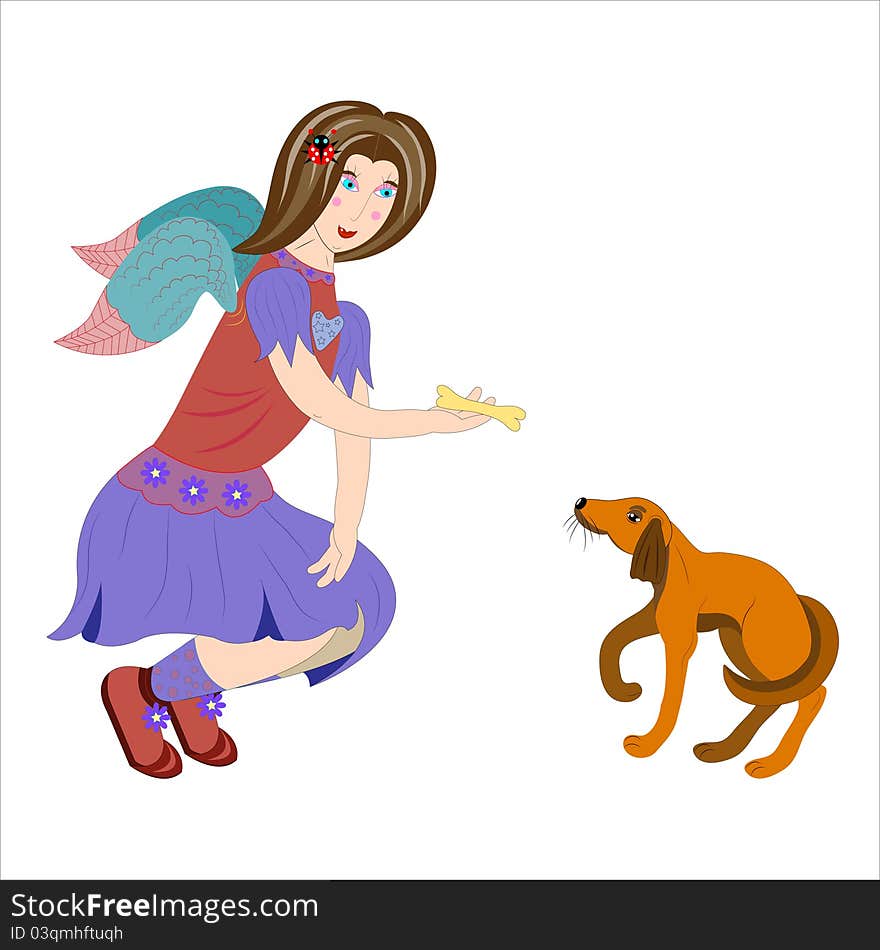 Angel feeds a puppy. Vector.