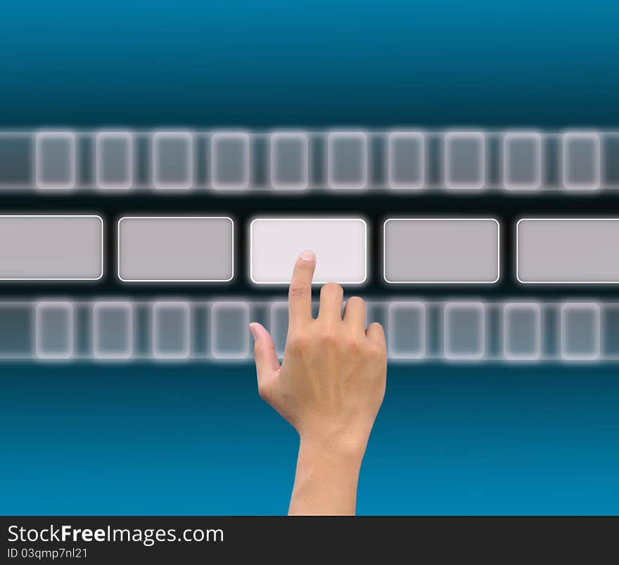 Hand pushing a button on a touch screen interface