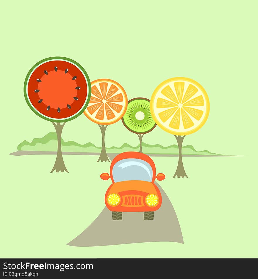 A car and fruit-like trees