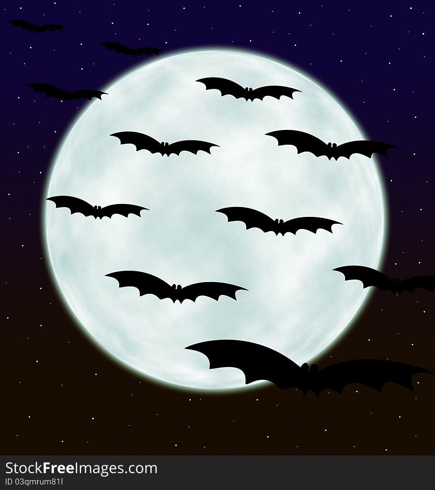 Bats flying in front of the moon, Halloween card.