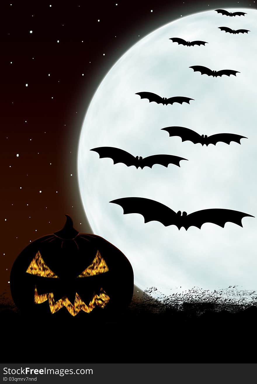 Halloween card with bats, pumpkin, moon and starry sky.