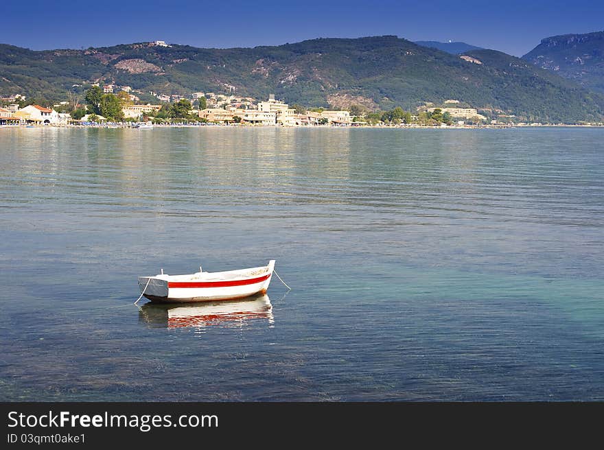 View across the sea to Moraitika, Corfu, Greece