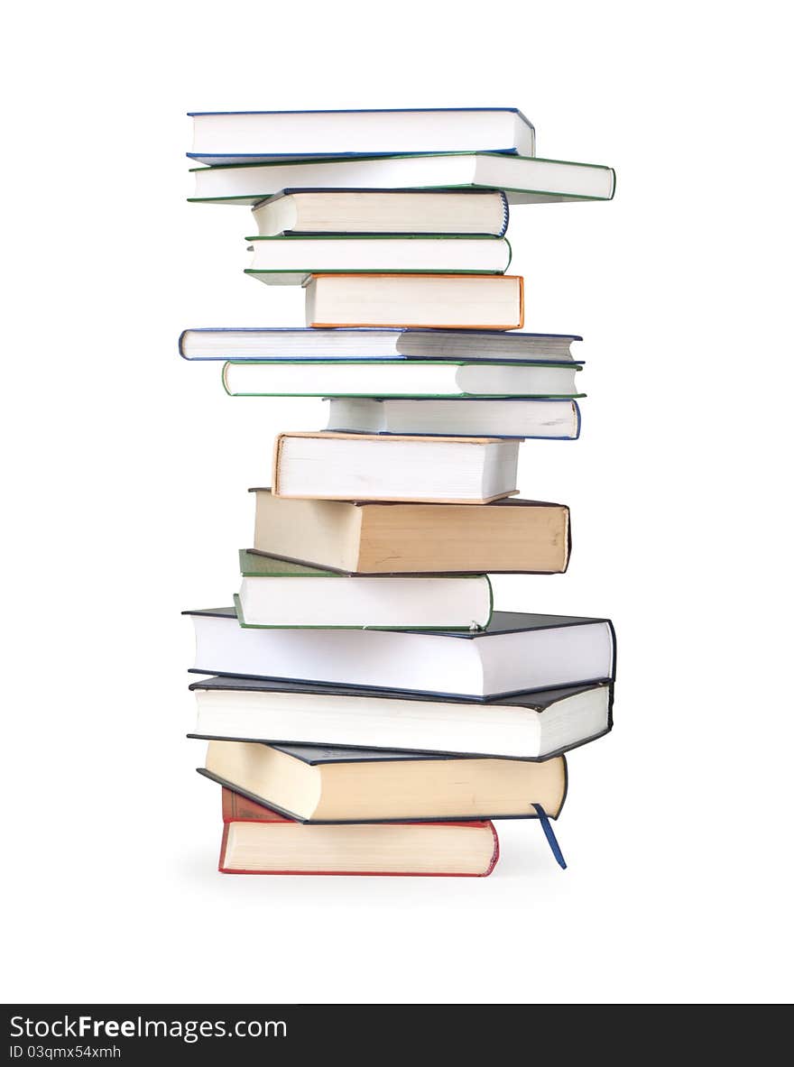 Stack of books on white background