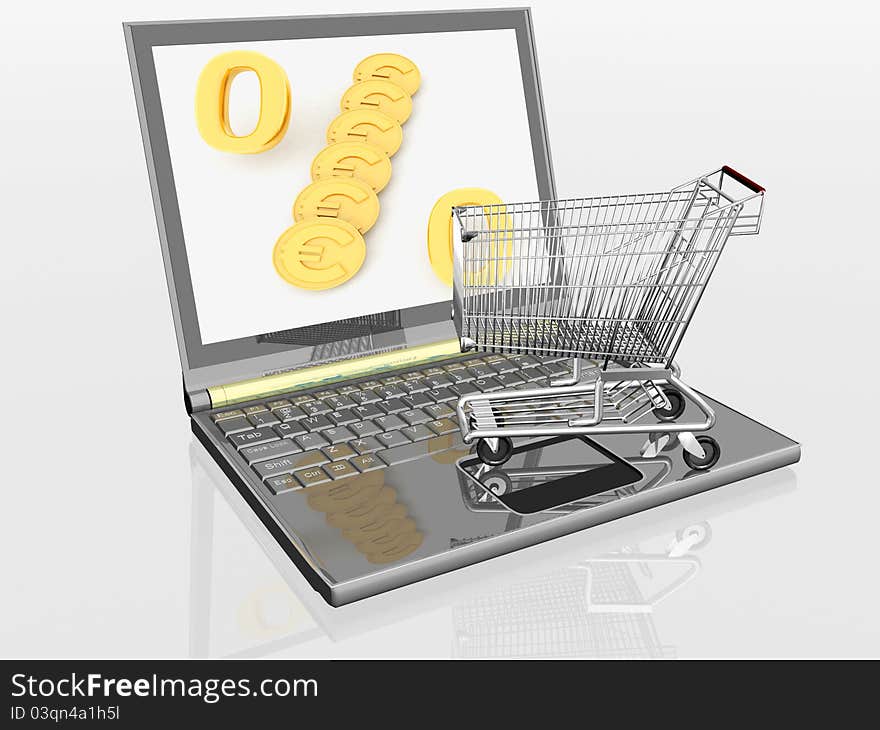 Shopping-cart and laptop. Conception of purchase of commodities on the internet