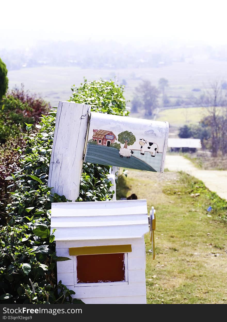 Closeup mailbox outside with landscape background