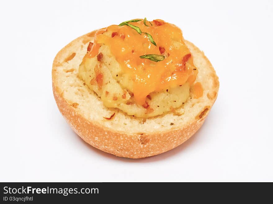 Mashed potato with cheese on toasted bruschetta