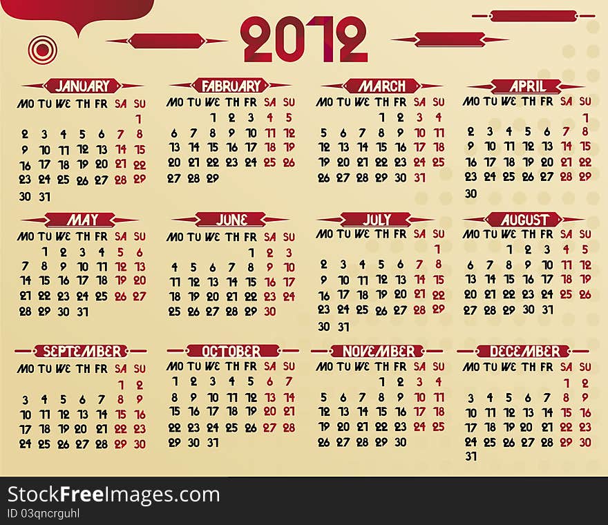 2012 retro calendar in vector