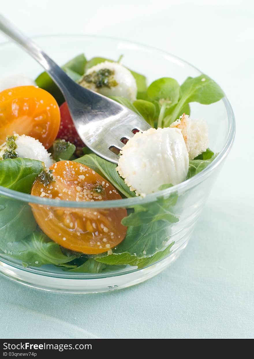 Fresh salad with vegetables and mozarella. Selective focus