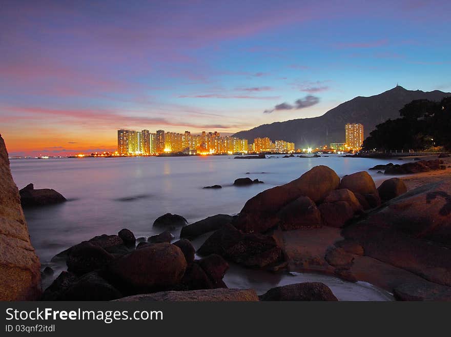 Sunset along seashore