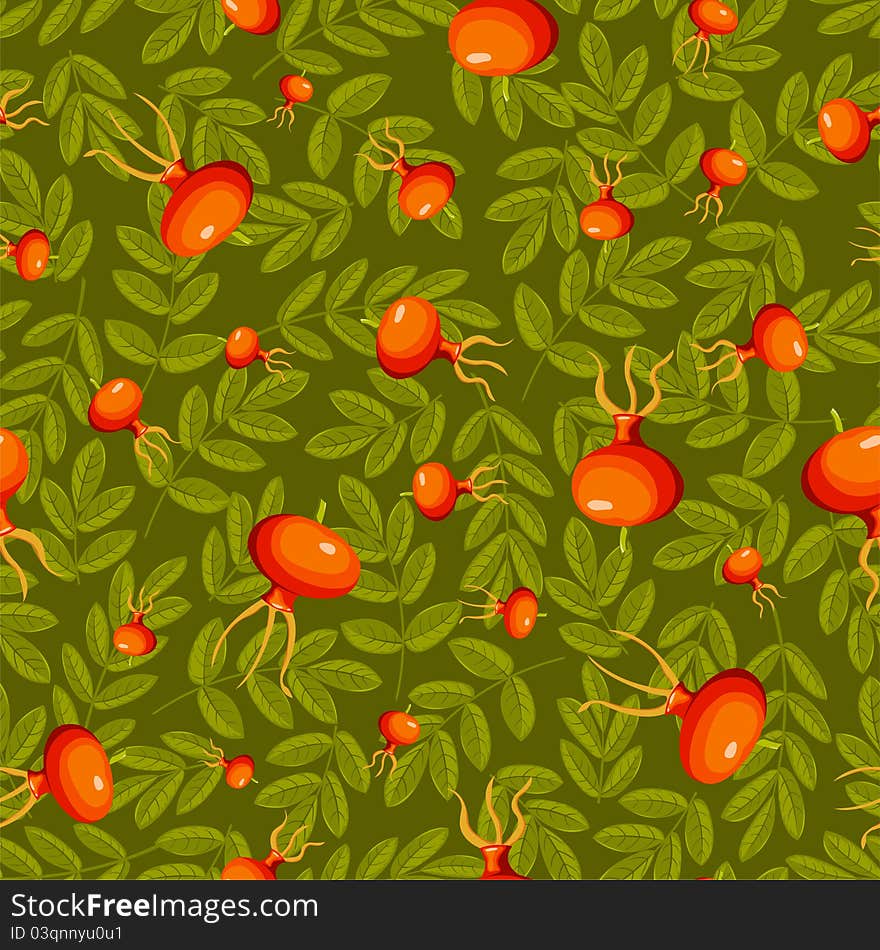 Rose hip seamless green pattern. Vector background.