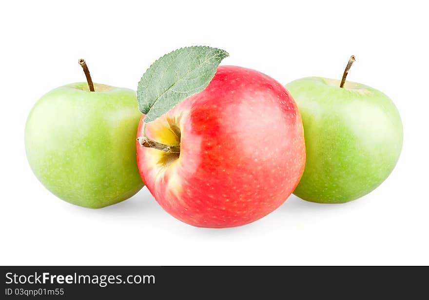 Red apple with leaf and two green apples on white background