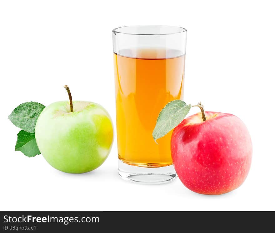 Green and red apples with leaf and juice on white background