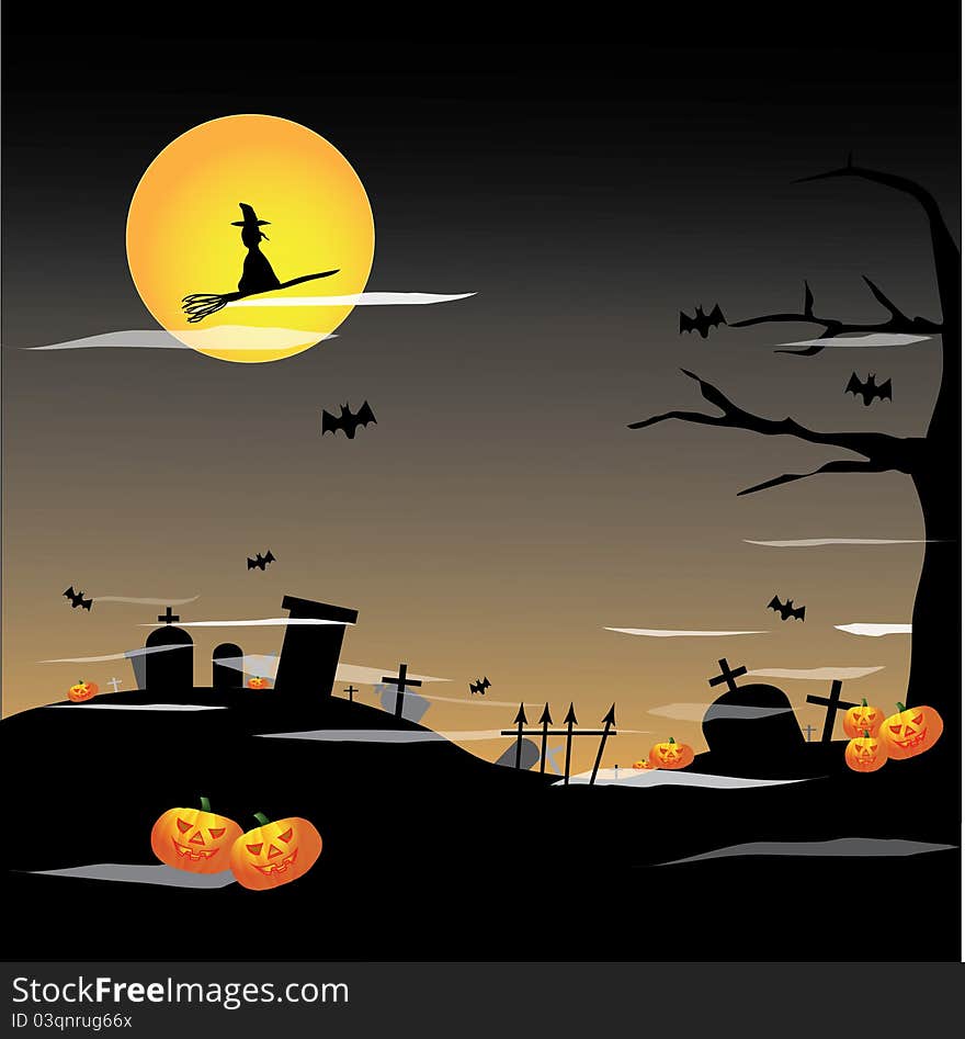 Full Moon Halloween background filled with bats, witch and graves. Full Moon Halloween background filled with bats, witch and graves