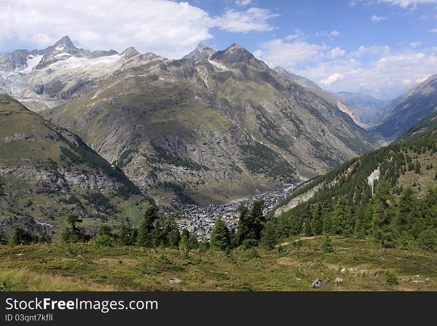 The resort Zermatt situated in the valley and surrounded by Alps. The resort Zermatt situated in the valley and surrounded by Alps.