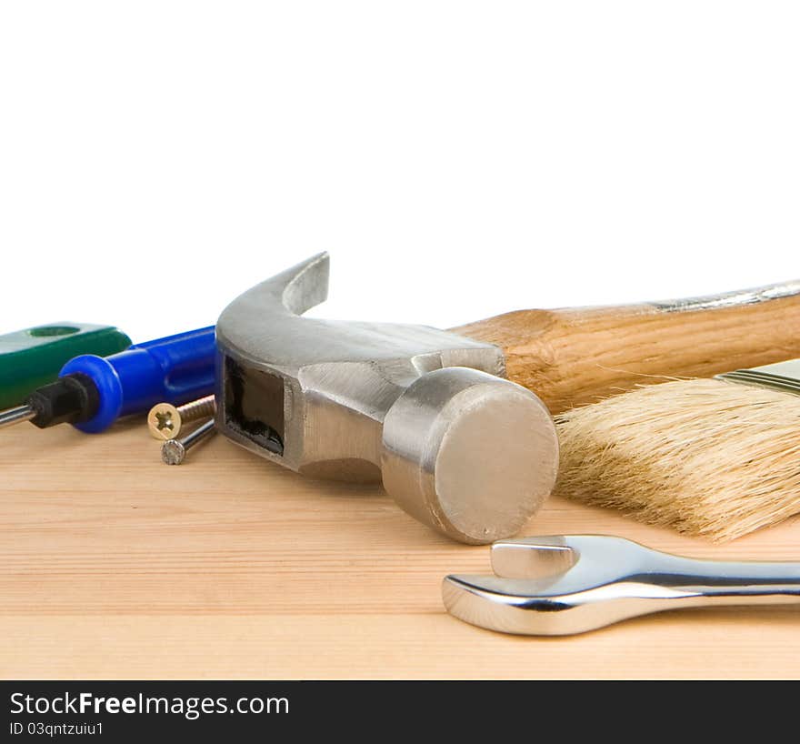 Construction tools on white