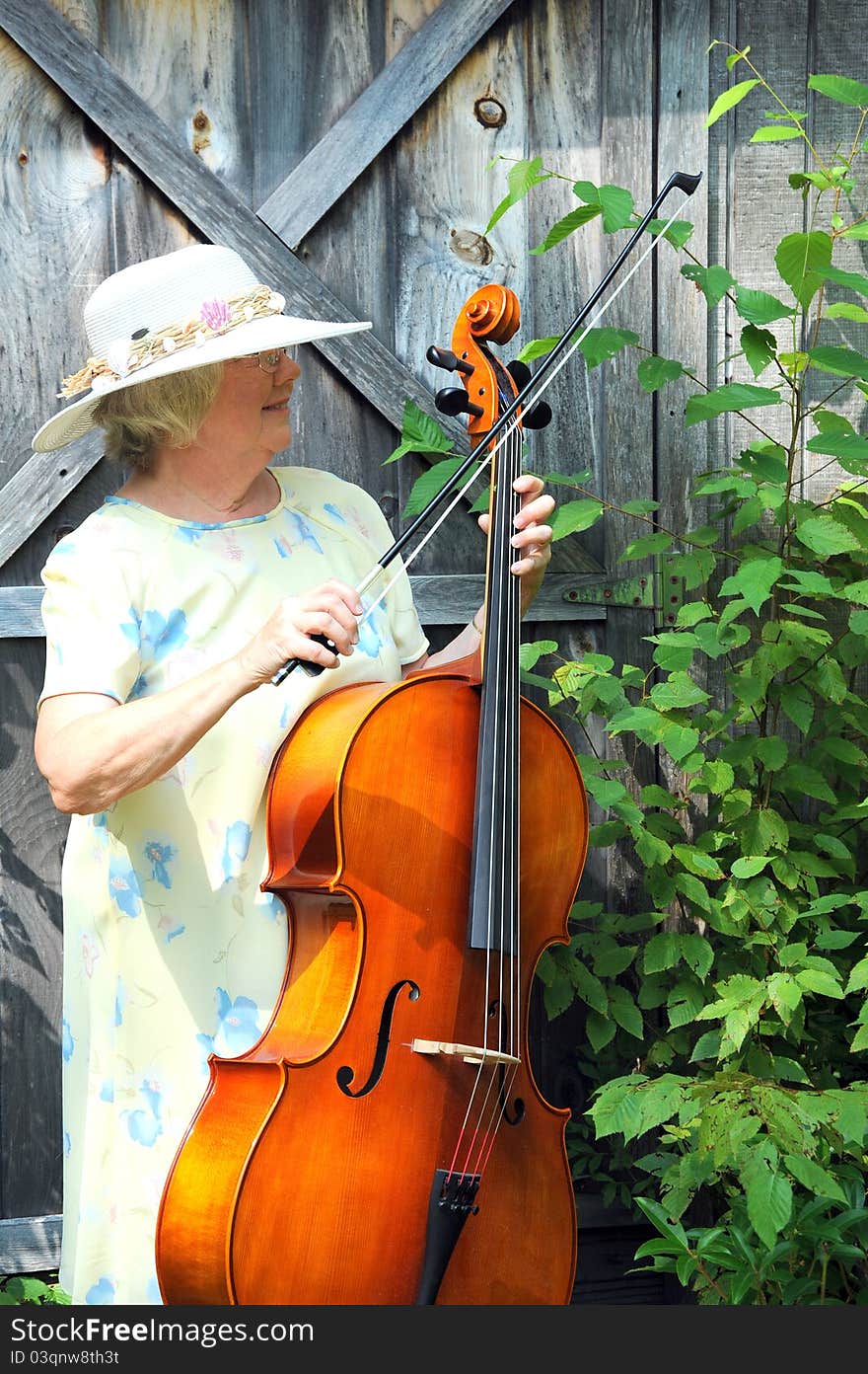 Female cellist performing with her cello outside. Female cellist performing with her cello outside.