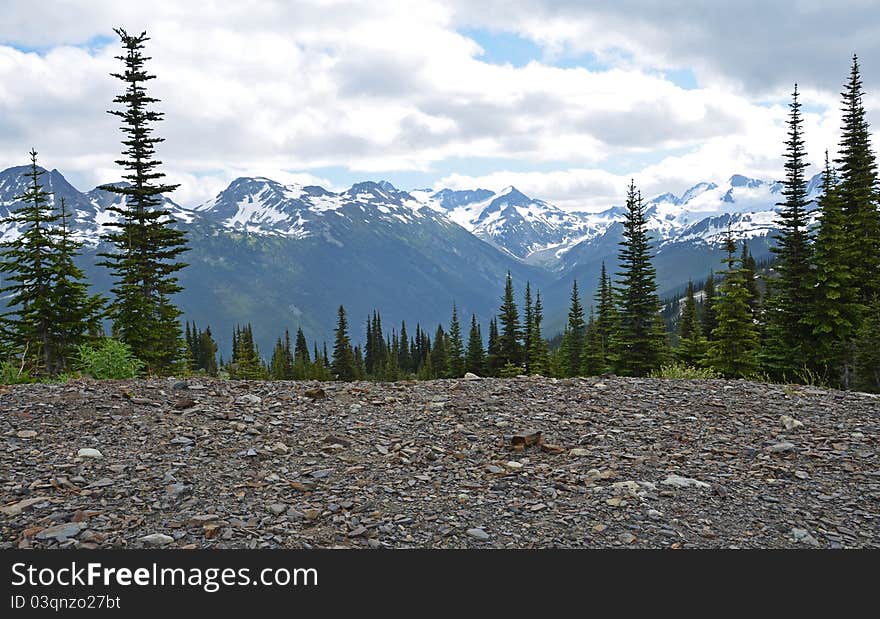 A view of Blackcomb mountain from a hiking trail on top of Whistler mountain. A view of Blackcomb mountain from a hiking trail on top of Whistler mountain