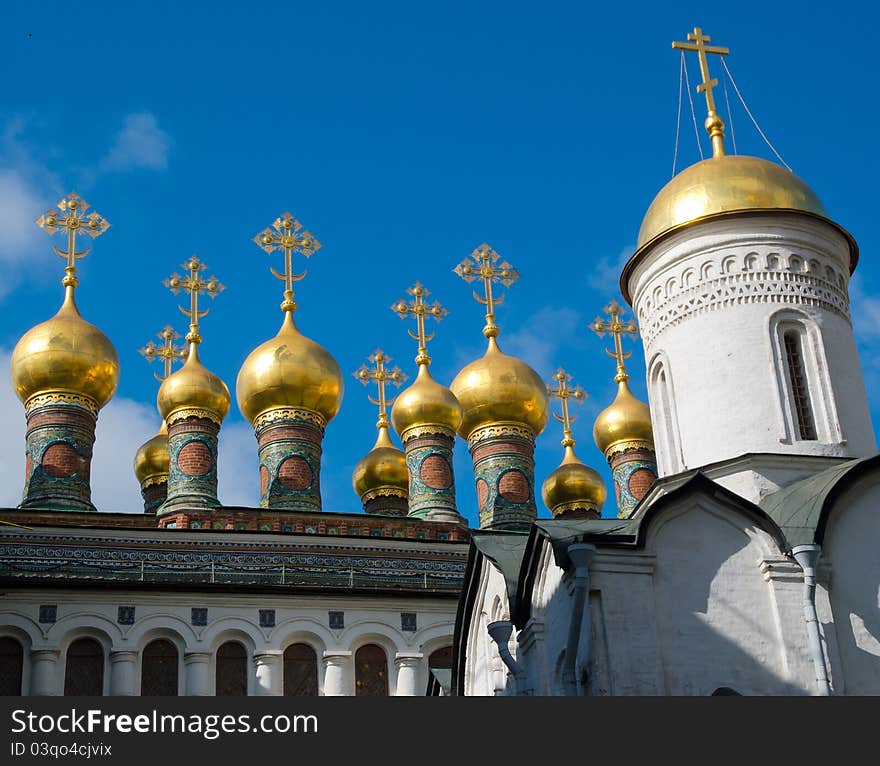 Fragment of exterior of cathedral in Moscow Kremlin, Russia