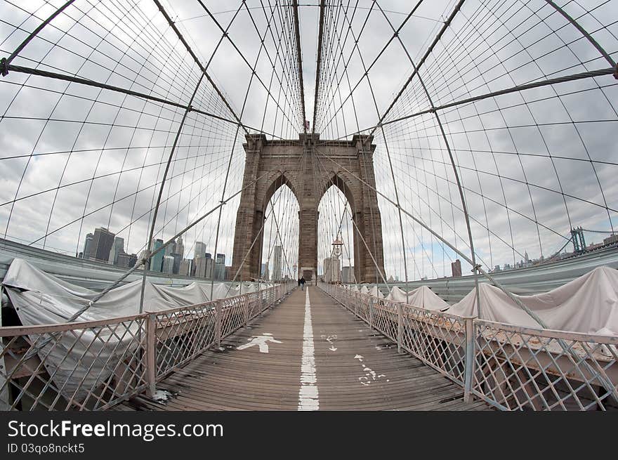 Fish eye lens photo of Brooklyn Bridge in New York