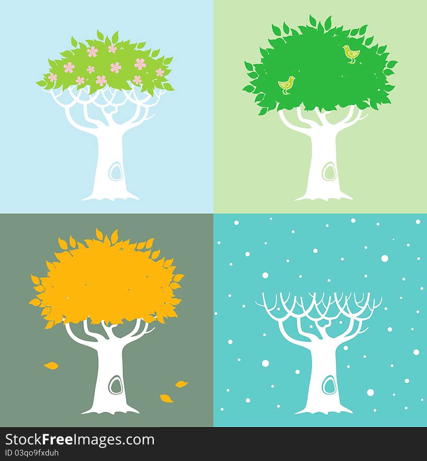 Illustrations of the tree in different seasons in the spring, summer, autumn and winter. Illustrations of the tree in different seasons in the spring, summer, autumn and winter