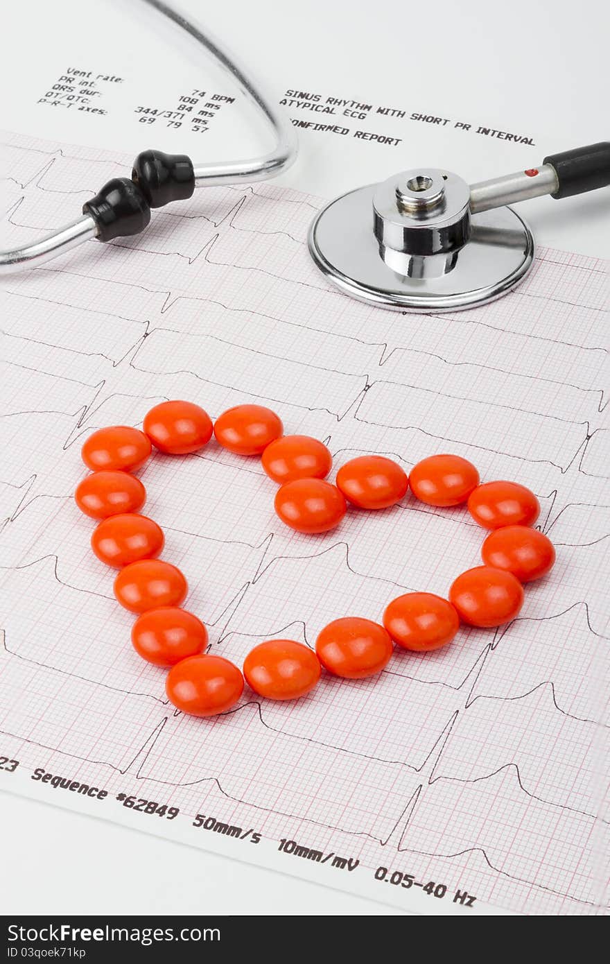 Heart of pills and stethoscope on ECG