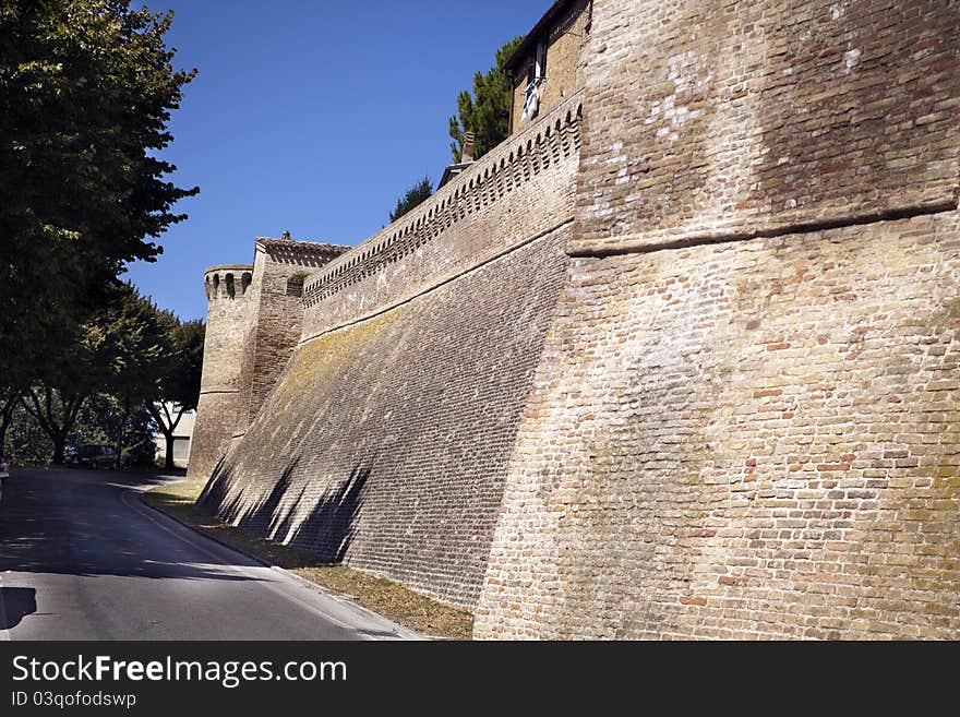 A wall of castle of corinaldo in italy