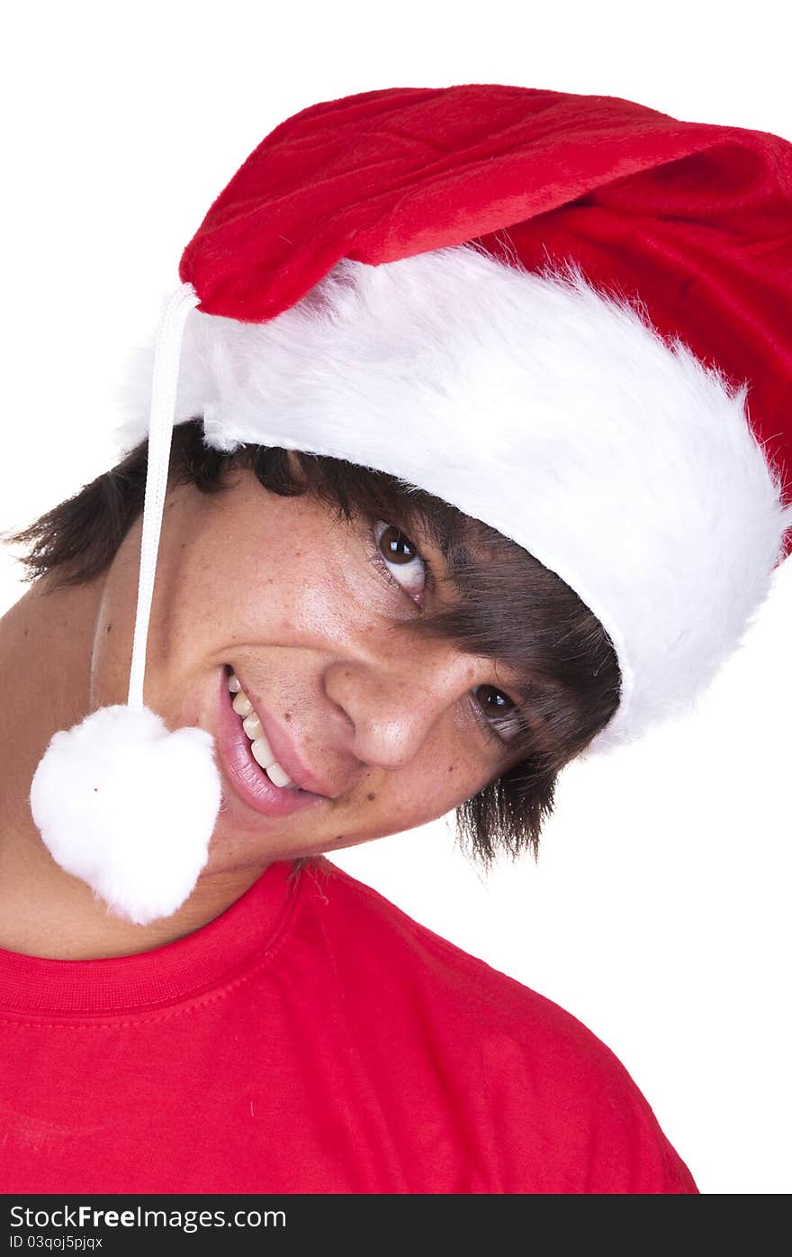 Teenage boy with santa claus hat on white background