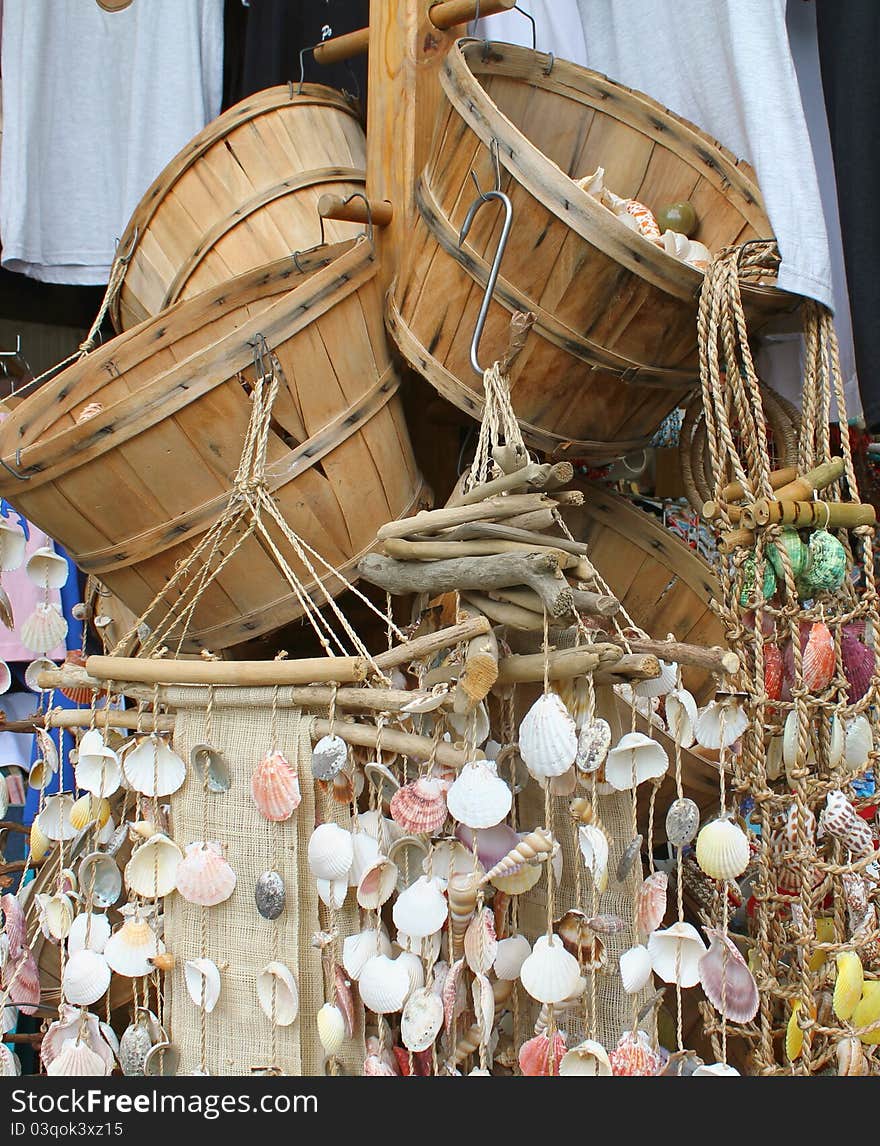 Sale of souvenirs of sea the baskets and shells - Liguria Itay. Sale of souvenirs of sea the baskets and shells - Liguria Itay