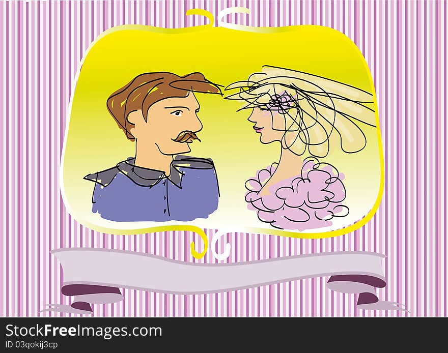 Picture of a couple in gold  frame on colorful paper with a banner for event invitation card